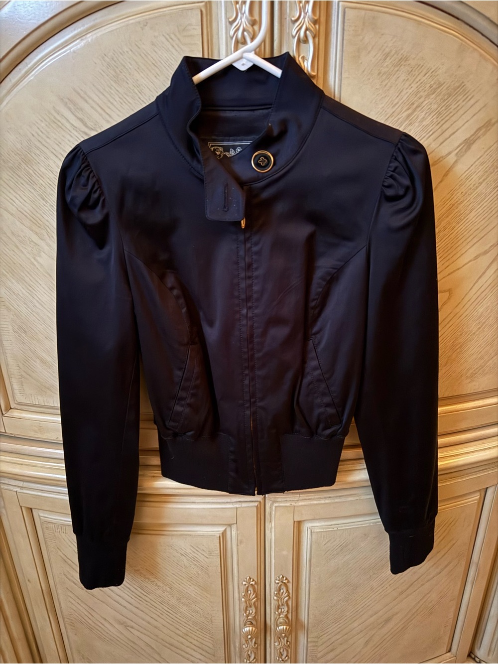 Guess Women's Black Satin Bomber Jacket - Sleek Zip Front, size M